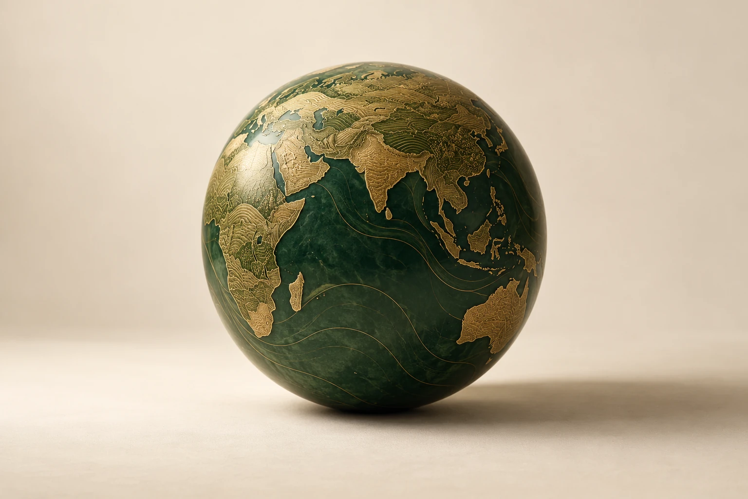 A deep-green planet traced with delicate gold contours against warm ivory.